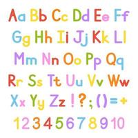 alphabet anglais. ensemble de vecteurs. style de couleur vive. dessin animé abc. police dessinée à la main drôle. chiffres, lettres minuscules et majuscules. vecteur