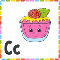 alphabet anglais. lettre c - gâteau. cartes flash carrées abc. personnage de dessin animé isolé sur fond blanc. pour l'éducation des enfants. feuille de travail en développement. apprendre les lettres. illustration vectorielle de couleur. vecteur