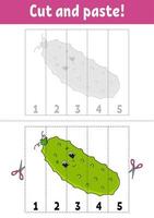apprendre les nombres 1-5. couper et coller. caractère de concombre. feuille de travail de développement de l'éducation. jeu pour les enfants. page d'activité. illustration vectorielle de couleur isolée. style de bande dessinée. vecteur