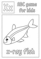 la lettre x est pour les poissons à rayons X. jeu abc pour les enfants. page de coloriage de l'alphabet. personnage de dessin animé. mot et lettre. illustration vectorielle. vecteur