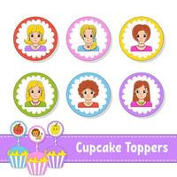 garnitures de cupcakes. ensemble de six images rondes. jolies filles souriantes. personnages de dessins animés. image mignonne. pour anniversaire, fête, baby shower. vecteur