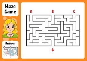 labyrinthe rectangulaire. jeu pour les enfants. trois entrées, une sortie. casse-tête pour les enfants. énigme du labyrinthe. illustration vectorielle de couleur. trouver le bon chemin. avec réponse. personnage de dessin animé. feuille de travail sur l'éducation. vecteur