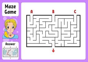 labyrinthe rectangulaire. jeu pour les enfants. trois entrées, une sortie. casse-tête pour les enfants. énigme du labyrinthe. illustration vectorielle de couleur. trouver le bon chemin. avec réponse. personnage de dessin animé. feuille de travail sur l'éducation. vecteur