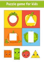 jeu de puzzle pour les enfants. pratique de la coupe. fruits et légumes. feuille de travail de développement de l'éducation. page d'activité. personnage de dessin animé. vecteur