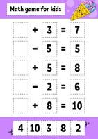 jeu de mathématiques pour les enfants. feuille de travail sur le développement de l'éducation. page d'activité avec des images. jeu pour les enfants. illustration vectorielle de couleur isolée. personnage drôle. style de bande dessinée. vecteur