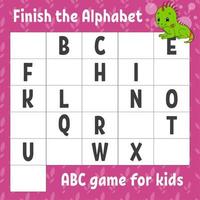 terminer l'alphabet. jeu abc pour les enfants. feuille de travail de développement de l'éducation. iguane vert. jeu d'apprentissage pour les enfants. page d'activité en couleur. vecteur