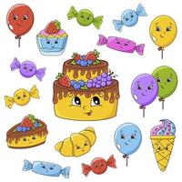 ensemble d'autocollants avec des personnages de dessins animés mignons. thème de joyeux anniversaire. dessiné à la main. pack coloré. illustration vectorielle. collection de badges de patch. éléments de conception d'étiquettes. pour planificateur quotidien, agenda, organisateur. vecteur