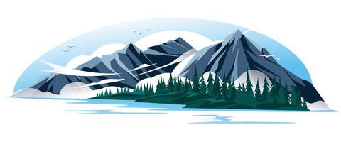 montagnes dans le brouillard sur le rive de le Lac paysage. conifère forêt. calme l'eau. vecteur illustration