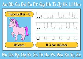 tracer des lettres. pratique de l'écriture. feuille de traçage pour les enfants. apprendre l'alphabet. personnage mignon. illustration vectorielle. style de bande dessinée. vecteur