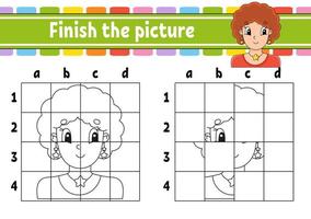 terminer l'image. pages de livre de coloriage pour les enfants. feuille de travail de développement de l'éducation. jeu pour les enfants. pratique de l'écriture manuscrite. personnage de dessin animé. illustration vectorielle. vecteur