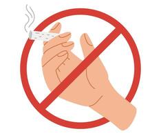 franchi en dehors dans rouge cercle Humain main tenir cigarette. non fumeur, interdiction signe. fumeur dépendance. vecteur illustration dans main tiré style