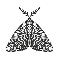 papillon de nuit icône avec ornement de fleurs et feuilles. ancien silhouette de noir et blanc mystique papillon de nuit ou papillon. en volant céleste insecte, vecteur illustration