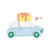 bleu rétro voiture est porter cadeaux. février 14 carte, la Saint-Valentin journée. cadeaux livraison. 8 mars, international content aux femmes journée. main tiré vecteur conception