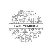 mise en page de concept linéaire abstrait de surveillance de la santé avec titre. appeler avec un médecin. Idée minimaliste de suivi de la condition physique. dessins graphiques en ligne mince. icônes de contour de vecteur isolé pour le fond