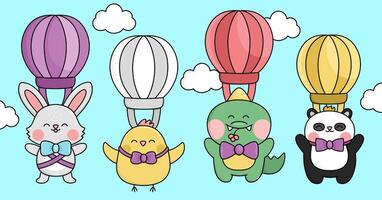 vecteur kawaii Pâques scène avec animaux en volant sur chaud air des ballons dans le ciel. printemps dessin animé illustration. mignonne paysage pour des gamins avec lapin, poussin, crocodile, Panda ours