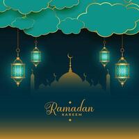 traditionnel islamique Ramadan kareem carte conception avec pendaison lanternes vecteur