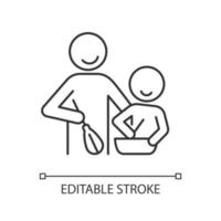 cuisine avec icône linéaire enfant. créer une tradition familiale. préparer la nourriture ensemble. cours de cuisine. illustration personnalisable de fine ligne. symbole de contour. dessin de contour isolé de vecteur. trait modifiable vecteur