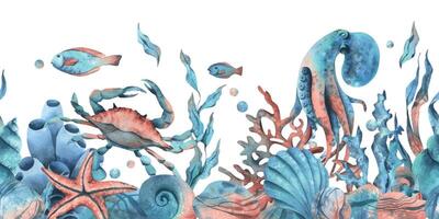 sous-marin monde clipart avec mer animaux baleine, tortue, pieuvre, hippocampe, étoile de mer, coquilles, corail et algues. main tiré aquarelle illustration. sans couture frontière isolé de le Contexte vecteur