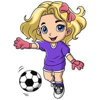 mignonne peu fille dessin animé en jouant Football vecteur