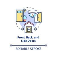icône de concept de portes avant, arrière et latérales. système de sécurité à domicile idée abstraite fine ligne illustration. caméra extérieure pour la prévention des cambriolages. dessin de couleur de contour isolé de vecteur. trait modifiable vecteur
