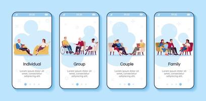 consultation de psychologie intégration du modèle vectoriel d'écran d'application mobile. thérapie de groupe, de couple, familiale. Procédure pas à pas du site Web avec des caractères plats. concept d'interface de dessin animé pour smartphone ux, ui, gui