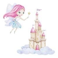 mignonne peu Fée avec conte Château pour Princesse dans des nuages. Royaume avec tours, rose toits, drapeaux. isolé aquarelle illustration pour décoration de enfants pièces, bébé douche, cartes, invitations vecteur