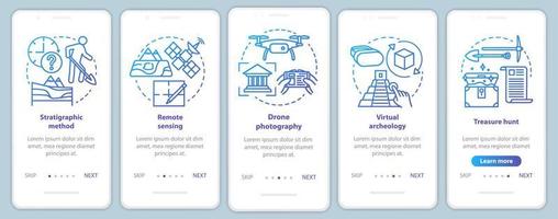 méthodes d'archéologie intégration modèle de vecteur d'écran de page d'application mobile. étude du terrain, chasse au trésor. étapes du site Web avec des illustrations linéaires. ux, ui, concept d'interface de smartphone gui