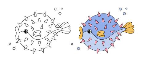 mignonne puffer poisson dessin animé coloration page illustration vecteur. pour des gamins coloration livre. monochrome et Couleur version. vecteur Stock enfants illustration