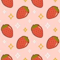 mignonne des fraises et étoiles. rose sans couture été modèle dans kawaii style. en bonne santé aliments. branché vieux style, rétro dessin animé. pour menu, café, fond d'écran, tissu, emballage, Contexte vecteur