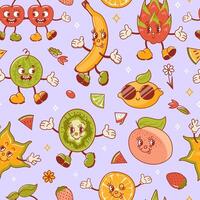 tropical exotique des fruits. vieux rétro dessin animé personnage. sensationnel ancien été sans couture modèle. Frais citron, chaux, banane, pastèque, pitahaya dragon, étoile fruit, papaye, mangue et kiwi. pêche duvet. vecteur