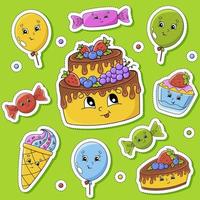 ensemble d'autocollants avec des personnages de dessins animés mignons. thème de joyeux anniversaire. dessiné à la main. pack coloré. illustration vectorielle. collection de badges de patch. éléments de conception d'étiquettes. pour planificateur quotidien, agenda, organisateur. vecteur