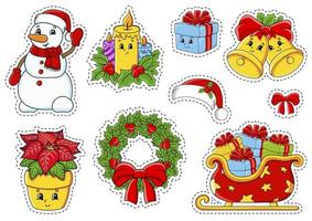 ensemble d'autocollants avec des personnages de dessins animés mignons. thème de Noël. dessiné à la main. pack coloré. illustration vectorielle. collection de badges de patch. éléments de conception d'étiquettes. pour planificateur quotidien, agenda, organisateur. vecteur