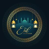 prime eid mubarak religieux carte avec mosquée et lanterne vecteur