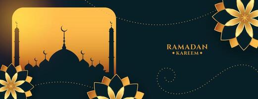 Ramadan kareem d'or salutation bannière avec fleurs vecteur
