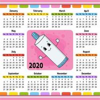 tube de dentifrice. calendrier pour 2020 avec un personnage mignon. design amusant et lumineux. illustration vectorielle de couleur isolée. style de bande dessinée. vecteur