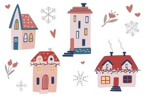 maisons de dessin à la main de noël. ensemble de maisons d'hiver rustiques. parfait pour le design, les cartes, les affiches, les bannières. éléments de vacances d'illustration de dessin animé de vecteur. vecteur