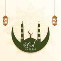 magnifique eid mubarak religieux carte avec vert mosquée et lune vecteur
