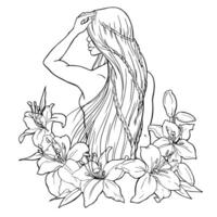 graphique dessin par main. image de une nu fille avec une longue femelle coiffure et fleurs. pour le conception de le placer, affaires cartes, coiffeur, Étiquettes pour cheveux se soucier des produits. vecteur. vecteur