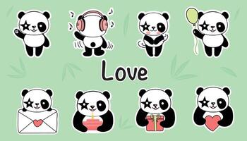 mignonne Panda autocollants pour Valentin s journée. le concept de l'amour. illustration sur une vert Contexte. vecteur