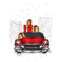 belle voiture rétro et cadeaux de Noël. nouvel an, carte postale ou affiche. vecteur