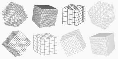 une ensemble de Cadre cubes de différent côtés. vecteur abstrait géométrique 3d objets. noir et blanc filaire Les figures cubes de différent ligne épaisseurs et différent cellule tailles