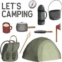 ensemble de fournitures de camping peintes à l'aquarelle clipart. dessinés à la main isolé sur fond blanc vecteur