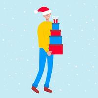 homme souriant en bonnet de noel transportant une grande pile de coffrets cadeaux colorés. préparer les vacances de noël et du nouvel an vecteur