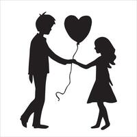 silhouette de une couple dans aimer, une garçon et une fille avec une ballon cœur. la Saint-Valentin jour, aimer, des relations vecteur