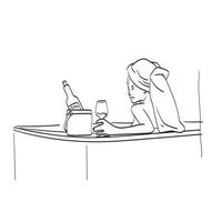 dessin au trait fille luxueuse se détend dans un bain moussant avec un verre de vin illustration vecteur isolé sur fond blanc dessin au trait.