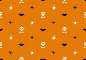 motif transparent brillant avec des crânes et des os croisés, des araignées et des chauves-souris sur fond orange. impression de mode pour fête d'enfants, vacances, halloween, textile et design vecteur