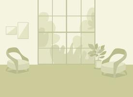 illustration vectorielle de maison verte intérieur plat couleur. salon cosy. style de vie confortable. appartement moderne avec chaises. appartement résidentiel de dessin animé 2d avec fenêtre panoramique sur fond vecteur