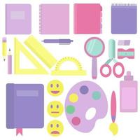 ensemble de fournitures scolaires dans un style plat, attributs de bureau dans des tons doux, vecteur scolaire