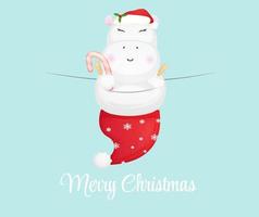 hippopotame mignon avec bonnet de noel pour joyeux noël illustration vecteur premium