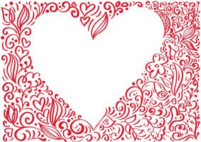Cadre vecteur rouge Saint Valentin fond dessiné à la main coeur avec place pour le texte. Saint Valentin Design vacances. décor d&#39;amour pour carte de voeux, web, mariage. Illustration de lettrage de calligraphie isolée